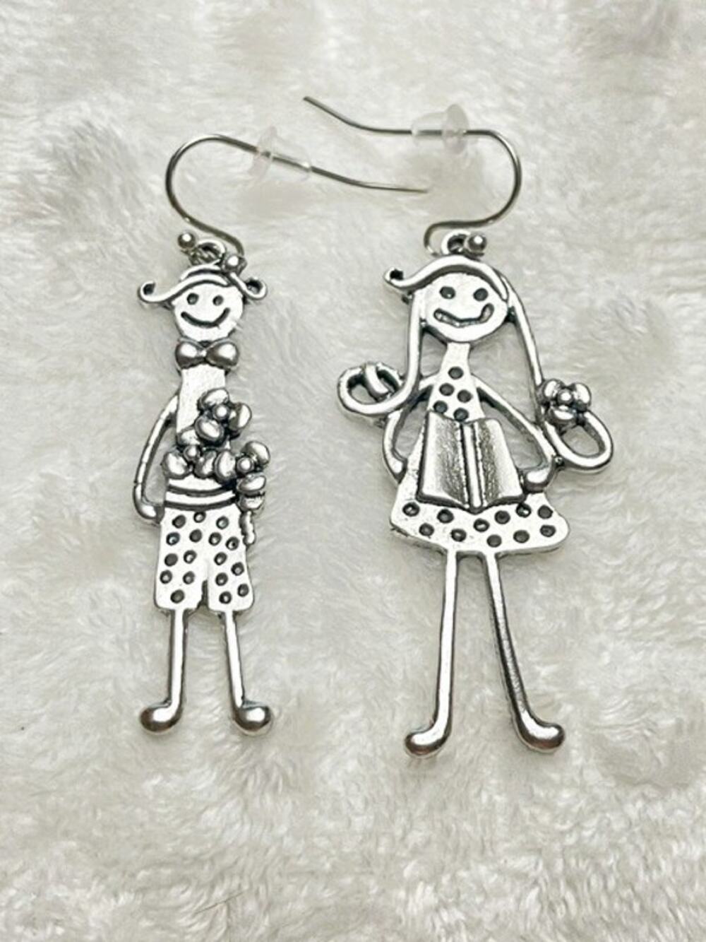 Vintage Sweet Boy & Girl Asymmetrical Silver Plated Dangle Hook Back Earrings